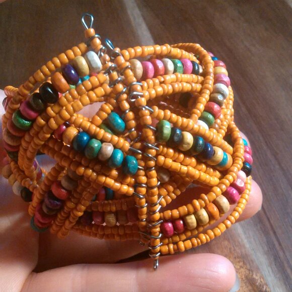 Orange Seed Bead and Multi-Color Bead Twisted Weave Cuff Bracelet - Picture 4 of 8